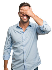 Fototapeta premium Man smiling with hand over eyes isolated on transparent background