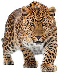 Obraz premium Majestic, powerfully built adult leopard with a stunning rosette-patterned coat and piercing amber eyes intensely gazes forward in a low crouch, exhibiting a, isolated on transparent background.