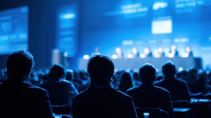 Audience engaging in a professional conference with a panel of speakers on a brightly lit blue stage