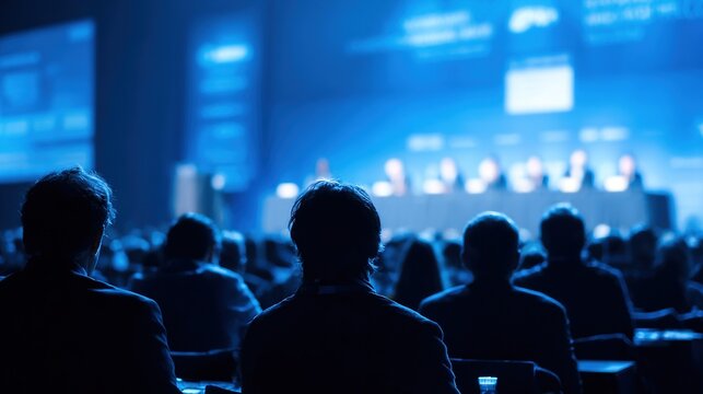 Audience engaging in a professional conference with a panel of speakers on a brightly lit blue stage