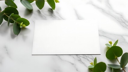 white card on marble with green leaves