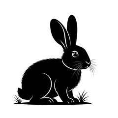 Obraz premium A minimalist black and white illustration of a rabbit sitting amongst blades of grass