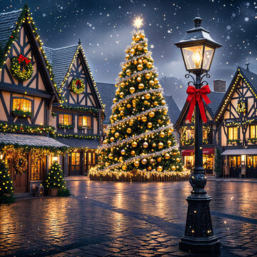 Christmas market square with tree