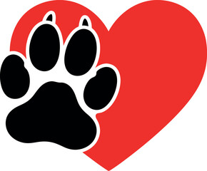 Naklejka premium Pet Love Symbol with Black Paw Print and Red Heart for Animal Rescue and Veterinary Care