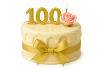 Birthday cake celebrating 100 years, anniversary centennial event with gold numbers and a rose candle on transparent background