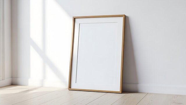 Blank picture frame mockup leaning against a white wall with natural light and shadow. 16 x 20 frame for use.