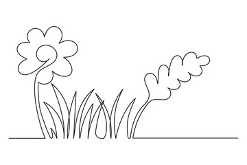 One Line Drawing of Wildflowers and Grasses for Simple Nature and Eco Concepts