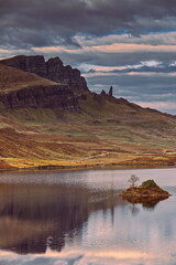Loch Fada (Long) at the foot of the Trotternish ridge with The Storr summit and The Old Man of Storr pinnacle in the background. Skye-Scotland-172