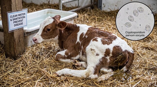 Brown and white calf lying on hay next to a clean water trough with a sign warning of disease prevention by clean water and sanitation, cryptosporidium parvum oocysts