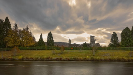 The Caledonian Canal section between Loch Ness and the first locks to the south, the Benedictine Abbey in the background. Fort Augustus-Scotland-194