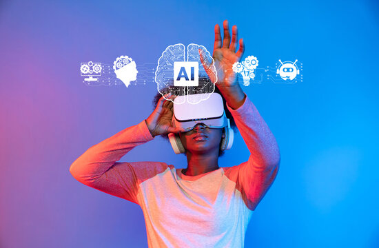 A young adult interacts with a virtual reality headset, surrounded by digital graphics symbolizing generative artificial intelligence, showcasing modern technology and immersive experiences. XDMCP - Powered by Adobe