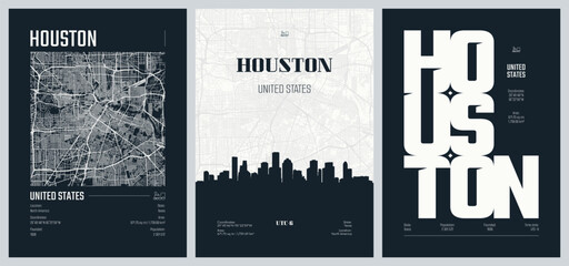 Set of travel posters with Houston, detailed urban street plan city map, Silhouette city skyline, vector artwork, set 2