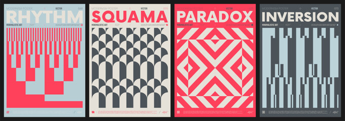 Vector minimalist colorful contemporary art with geometric shapes, brutalist style inspired graphics, bold aesthetic, modern abstract poster collection, shape distortion effect set 30