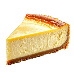 A delicious, golden-topped slice of creamy cheesecake against a black background.