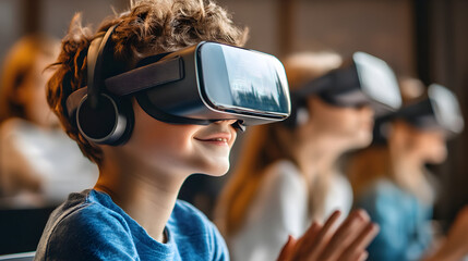 Boy wearing vr headset and headphones for gamified learning experience with friends