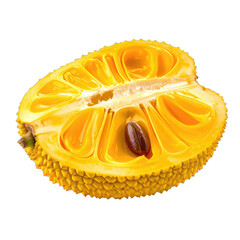 A vibrant cross-section of a ripe jackfruit displaying its golden arils and a visible seed against a black background.