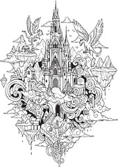 Naklejka premium Intricate Fantasy Castle Illustration on Floating Island with Dragons and Clouds