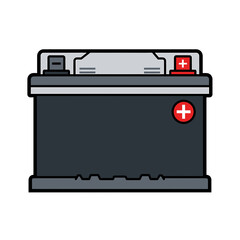 Car battery illustration with positive terminal highlighted in a simple graphic design