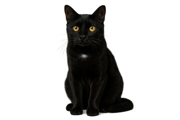 Black domestic cat sitting, looking forward with bright yellow eyes and white chest patch, transparent background