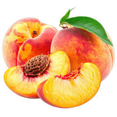 Vibrant fresh peaches, whole and sliced, featuring a visible textured pit and a green leaf against a black background.