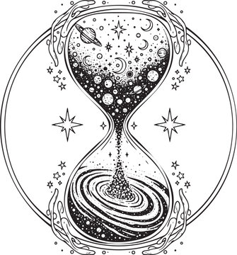 Celestial Hourglass with Galaxy and Planets Line Art Illustration