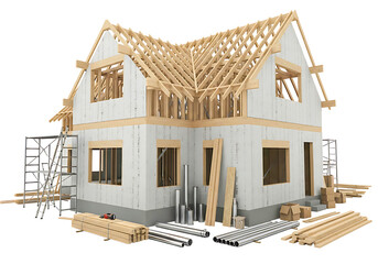 New house construction with wooden frame and building materials.