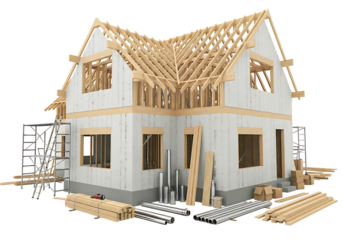 New house construction with wooden frame and building materials.