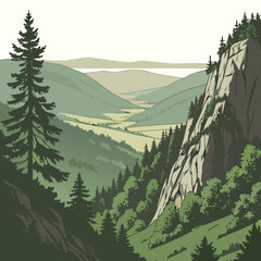 Mountain valley opening into wide plain with rocky cliff and pine trees