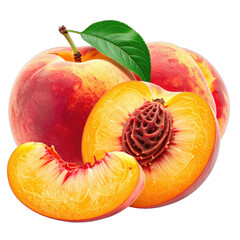 A vibrant composition showcasing whole and sliced ripe peaches with a green leaf against a black background.