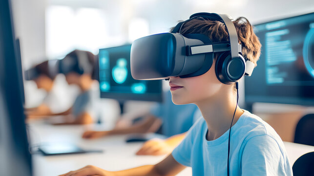 Boy wearing vr headset and headphones in classroom with computers - Powered by Adobe