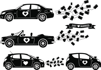 Naklejka premium Set of Just Married Wedding Cars Silhouettes with Hearts and Trailing Cans Vector Collection