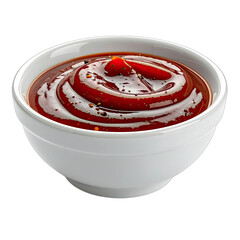A close-up shot of rich, glossy barbecue sauce served in a white dipping bowl.