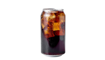 A cold glass of sweet soda drink with ice cubes and fresh liquid creates a refreshing brown beverage isolated on a white background like a cool cocktail 