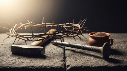 Crown of thorns and nails used for crucifixion of jesus christ