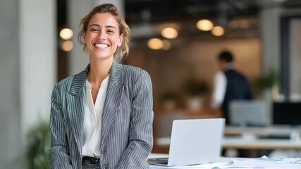 Confident Professional in a Bright Office: A poised businesswoman radiates confidence and a warm smile, positioned in a modern office. the image is showcasing a sense of professional success.