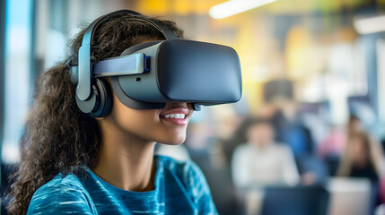 Woman wearing virtual reality headset and headphones smiling in classroom setting