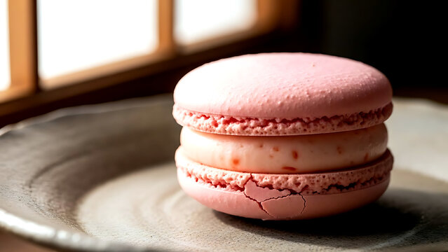 luxury fusion style of a sakura-infused raspberry macaron with pale pink shell and sakura-yuzu ganache center, on a rustic Bizen ware plate with natural ash glaze 