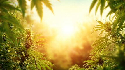 Obraz premium Vibrant cannabis plant thriving in golden sunlight with dew drops, representing natural growth