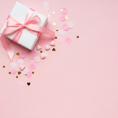 Beautiful Pink Gift Box with Ribbons and Confetti on Soft Pink Background