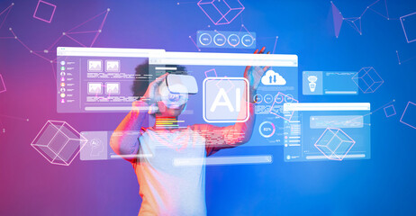 A person interacts with an advanced AI technology interface, showcasing the integration of digital and virtual reality for innovative user experiences. XDMCP
