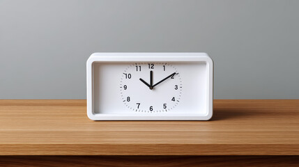 A simple white rectangular alarm clock with a clean face showing ten o'clock sits on a light brown wooden surface against a plain gray background indoors.