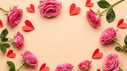 Beautiful pink roses with red hearts arranged in a circle on a beige background