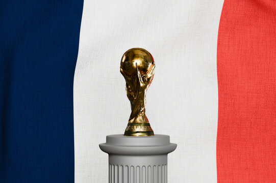Perrysburgh,Ohio,USA-January 19 2025: FIFA World Cup trophy with the flag of France. Concept for European football success, national team victory, and international sports events