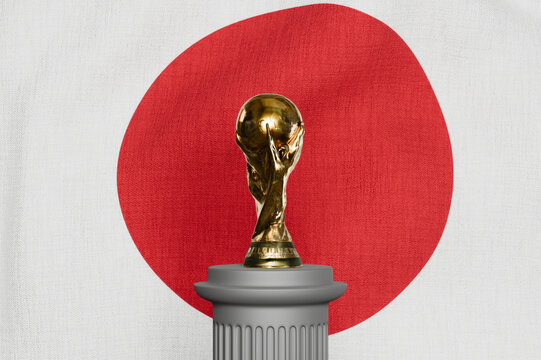 Perrysburgh,Ohio,USA-January 19 2025: FIFA World Cup trophy with the flag of Japan. Concept for international soccer tournament, global sports competition, and Japanese national team