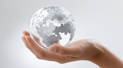A hand holding a transparent, three-dimensional puzzle globe, with interlocking pieces falling into place as if magnetically guided. The background is a clean white void, enhancing