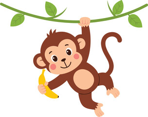 Cartoon monkey hanging on vine with banana, playful jungle animal illustration for kids, fun character design and decoration use. © Hanif World