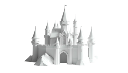 A stark white fairytale castle with tall spires, turrets, and arched entry, isolated on black