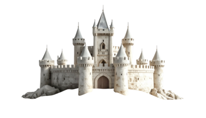 Majestic stone castle with multiple spires, towers, and a grand arched entrance