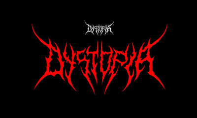 Metal lettering DYSTOPIA in aggressive symmetrical style with sharp abstract spikes and red accents, extreme aesthetics, perfect for dark t-shirt designs, band logos, album covers, and underground