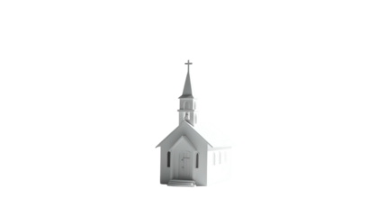 A minimalist 3D rendering of a white church with a cross atop a tall steeple on black